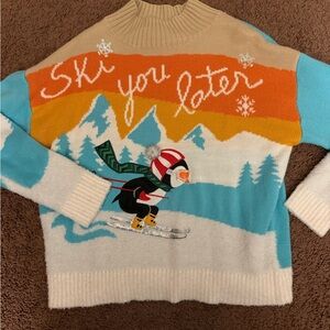 Whimsical Ski You Later Graphic Sweater - Cream & Blue